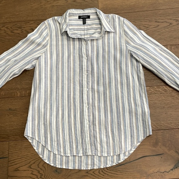 Ellen Tracey Linen Blend Striped Button-Up Women's Top Cream Tan Blue Small - Picture 7 of 9